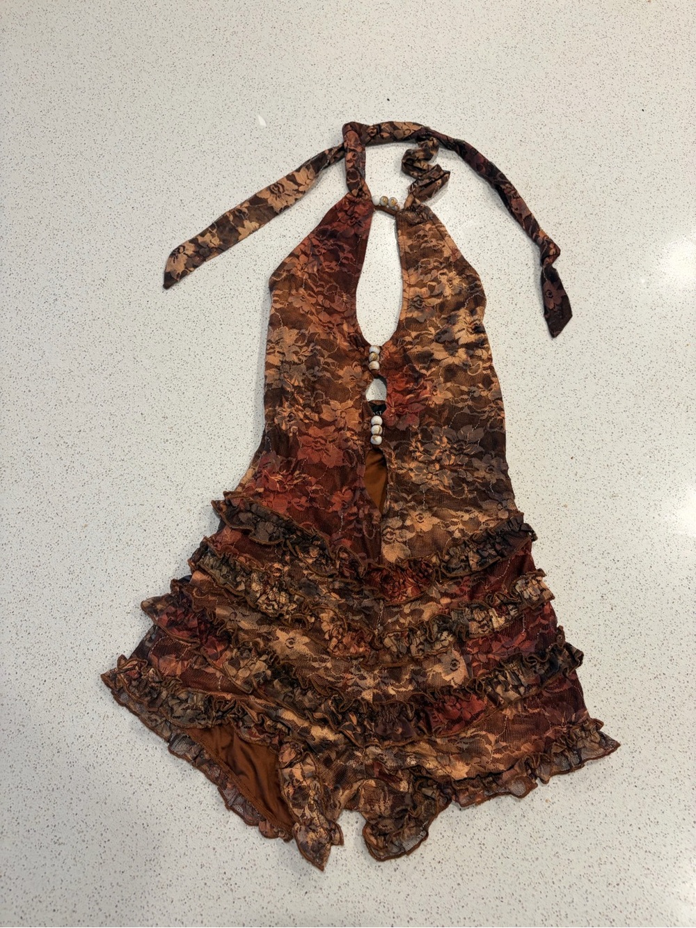 One-Shoulder Ruffle Halter Dress in Brown Floral